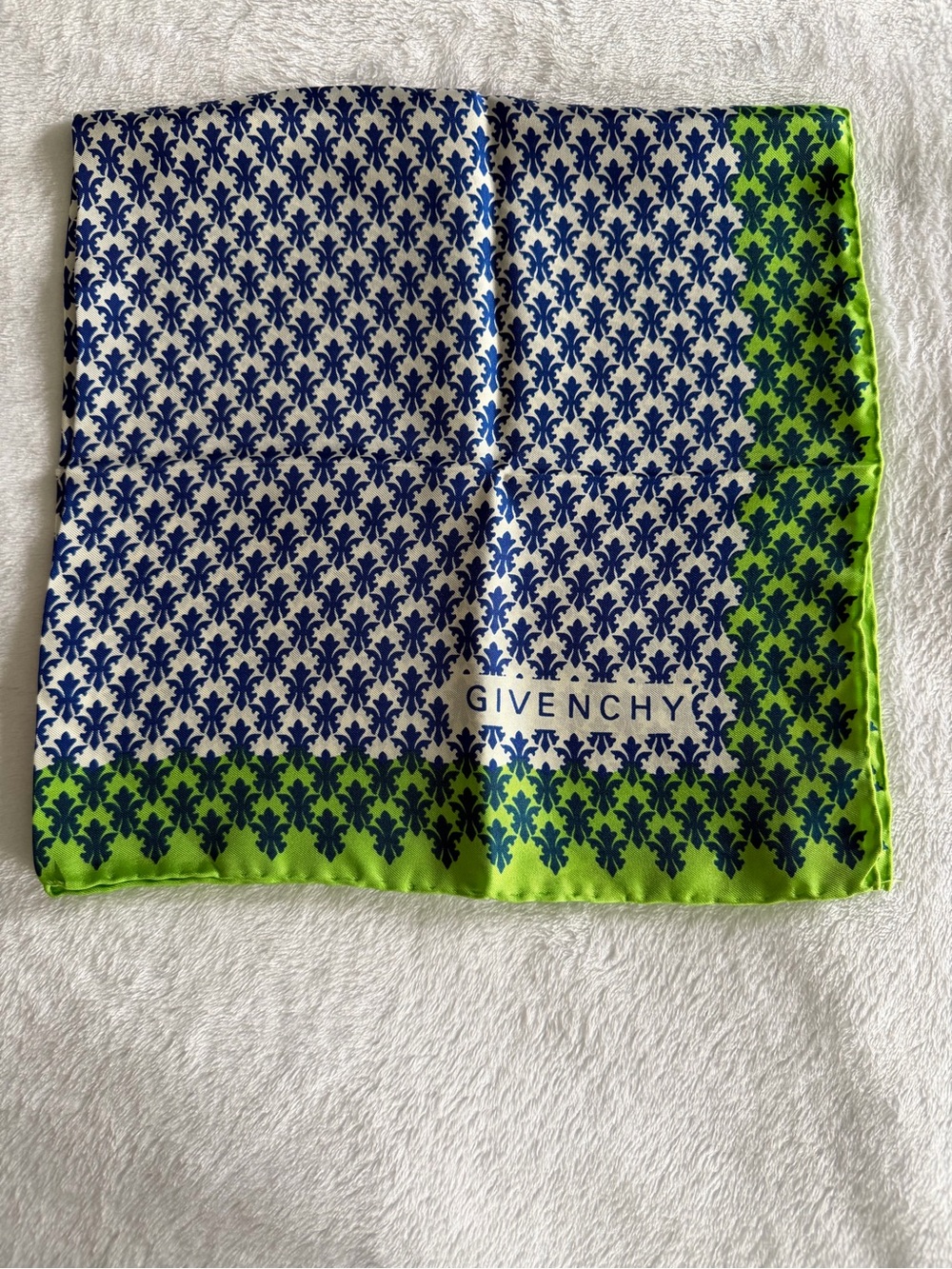 Vintage Givenchy Navy & Lime Green Fleur-Print Silk Scarf